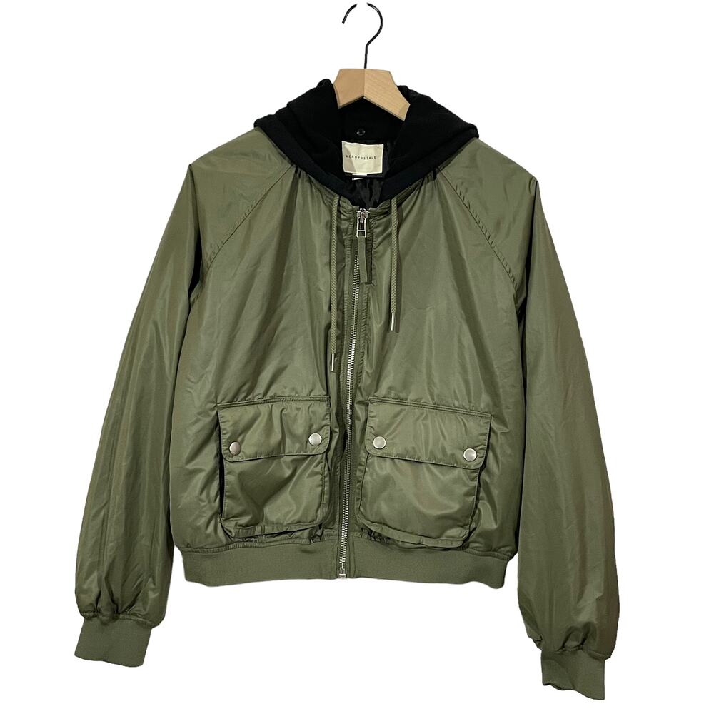 Aeropostale Hooded Bomber Jacket - Green - Large
